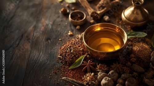 Golden herbal oil in a brass bowl surrounded by organic medicinal herbs and spices, aromatherapy and wellness background