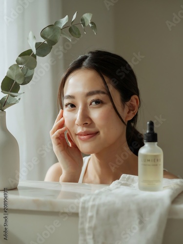 Asian Woman Applying Skincare Serum in Modern Bathroom