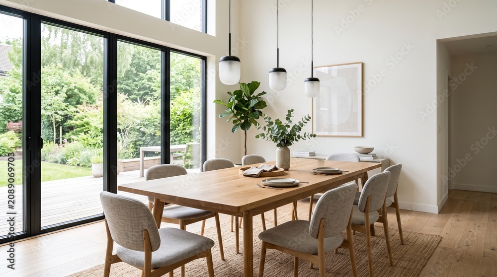 Fototapeta premium Contemporary and serene dining room interior featuring a natural wooden table, minimalist chairs, and abundant natural light from expansive garden views