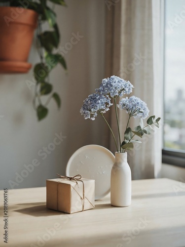 Blue Hydrangeas in White Vase on Wooden Table by Window