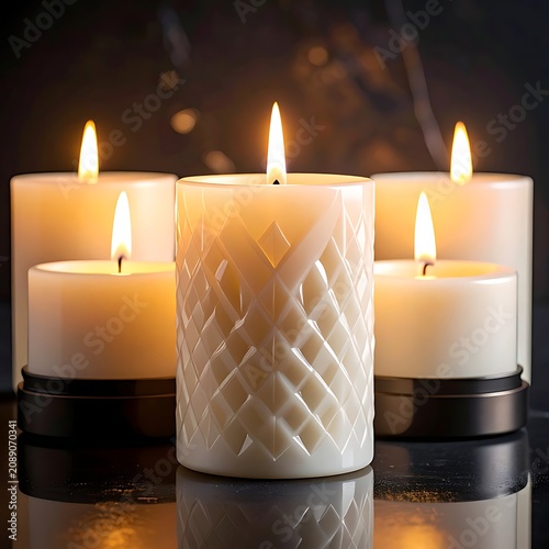 Three lit candles on dark surface.