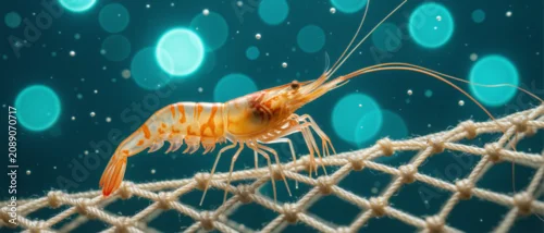 Panel kuchenny z motywem A close-up of a shrimp resting on a fishing net underwater with blue circular bokeh lights in the background.