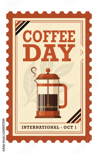 International Coffee Day vintage postage stamp poster with French press coffee illustration retro celebration design