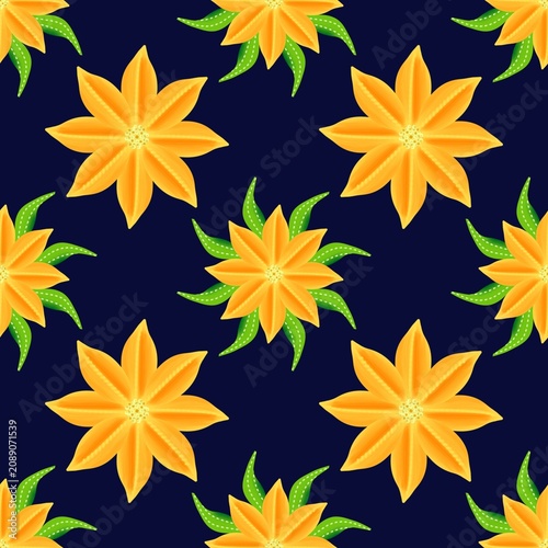 Vibrant yellow flower mandala seamless pattern, geometric botanical ornament on dark blue backdrop