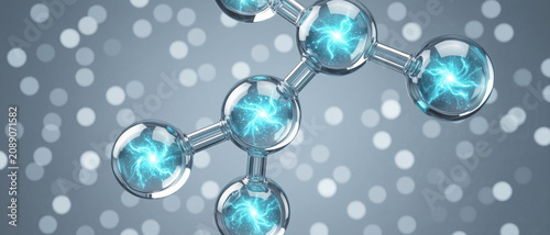 A futuristic 3D molecular structure with glowing blue energy inside transparent spheres connected by metallic rods on a blurred background.