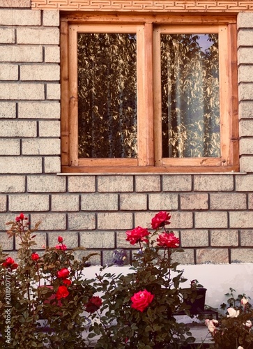 Traditional window with blooming flowers against a rustic architectural backdrop