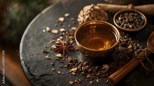 Herbal oil in a brass bowl surrounded by organic spices and medicinal herbs on a wooden table, Ayurvedic wellness concept