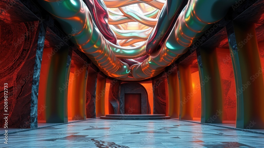 Fototapeta premium Futuristic hall. Organic shapes dominate space. Red, teal hues create dramatic lighting. Mysterious doorway beckons viewers inward.