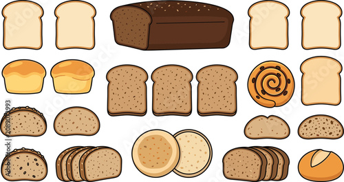 Bild auf Leinwand Vector cartoon bread slices collection featuring white toast whole wheat loaf ry