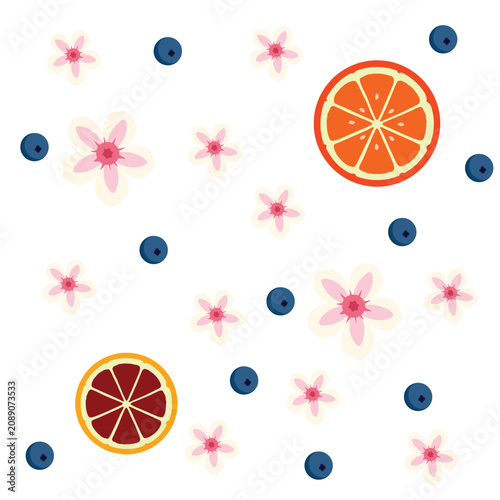 Fotografija Grape fruit, orange blueberry and flower arranged frame border for decoration fr