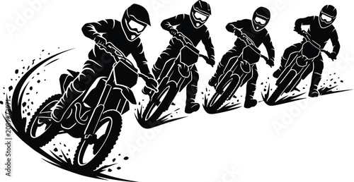 Obraz na płótnie Dynamic black and white silhouette of motocross riders racing dirt bikes on an e