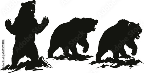 Photos Set of three black and white roaring grizzly bear