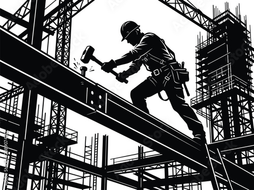 Canvas Print Silhouette of a construction worker hammering a steel beam at a high rise commer