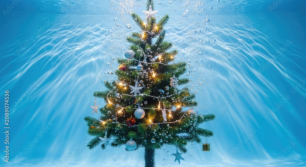 Fototapeta premium Beautifully decorated fir tree sits submerged in clear blue water, featuring glowing lights and festive ornaments among drifting bubbles, bubbles, seasonal, underwater