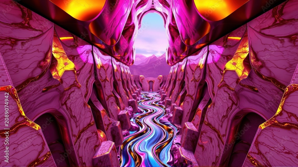 Fototapeta premium Surreal tunnel leads toward distant mountains. Vivid pinks, purples, blues create otherworldly scene. Dramatic lighting emphasizes depth.