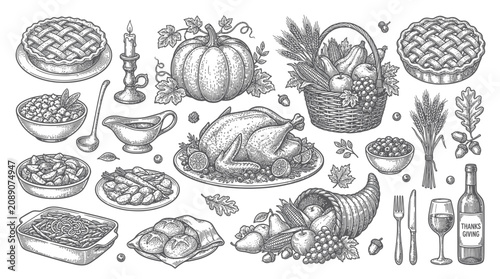 Foto Thanksgiving Dinner Feast Set: Roast Turkey, Pies, Cornucopia, Autumn Harvest Il