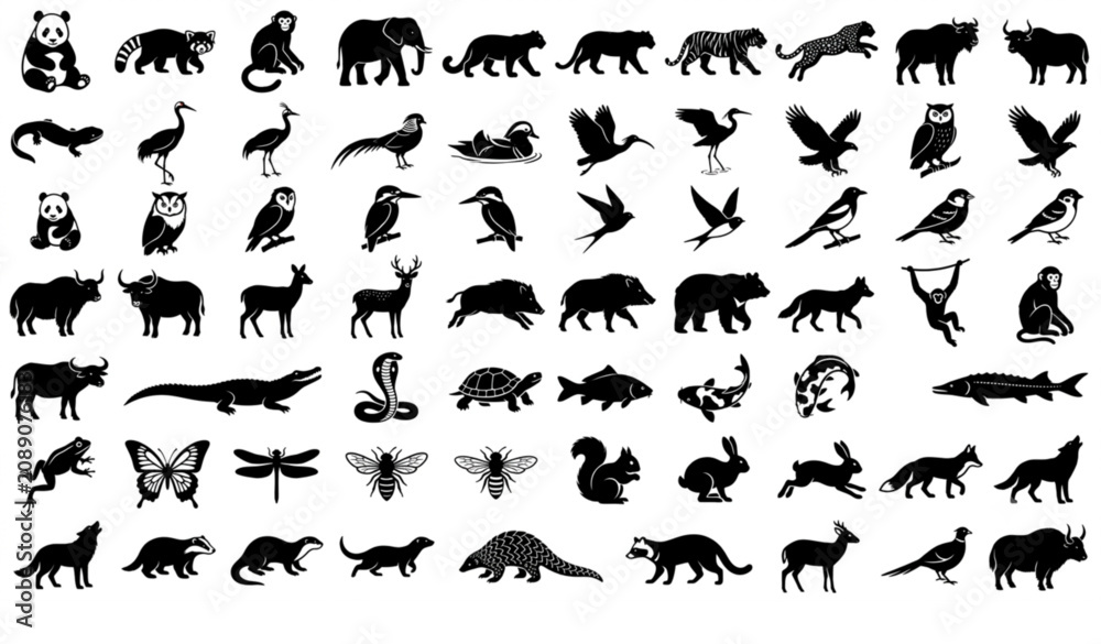 Fototapeta premium Chinese Native Animal Black Silhouette Icon Set Wildlife Nature Vector Collection