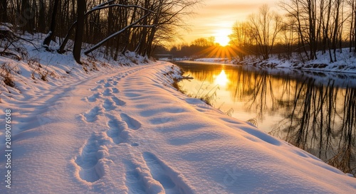 Deep footprints follow a snowy path beside a reflective river at golden hour, capturing a serene winter stroll through the quiet woods, sky, river, reflection