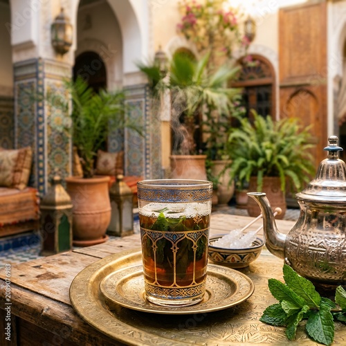 Traditional Moroccan Mint Tea Served in a Courtyard.