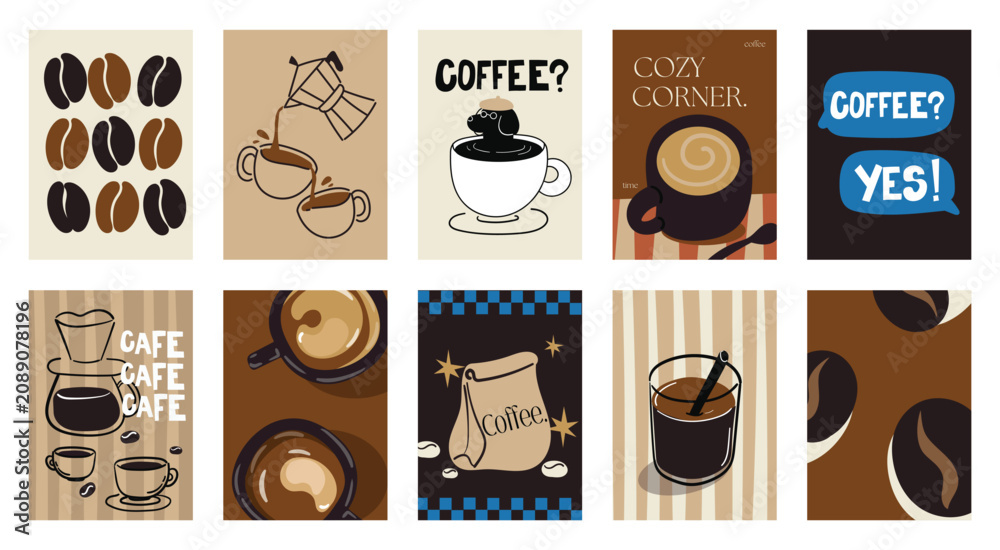 Fototapeta premium Coffee shop poster templates vector set. Retro cafe wall art with coffee cups, beans, latte art, espresso machine, moka pot, takeaway cup and croissant patterns