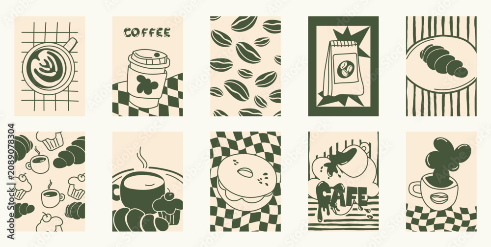 Fototapeta premium Coffee shop poster templates vector set. Retro cafe wall art with coffee cups, beans, latte art, espresso machine, moka pot, takeaway cup and croissant patterns