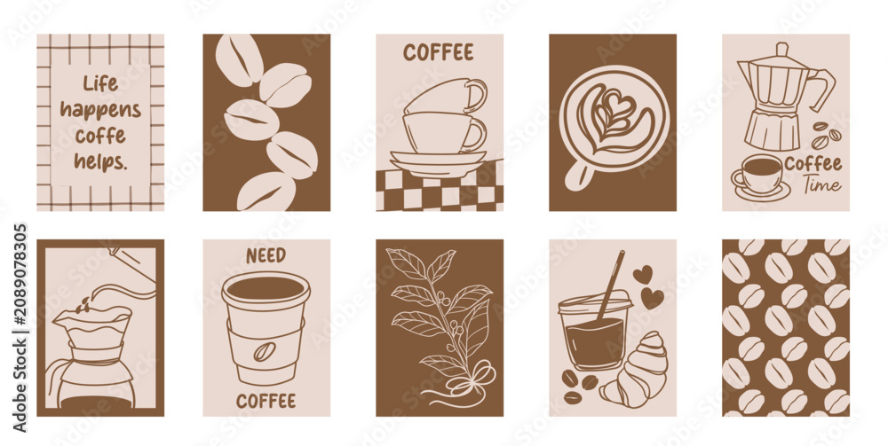 Fototapeta premium Coffee shop poster templates vector set. Retro cafe wall art with coffee cups, beans, latte art, espresso machine, moka pot, takeaway cup and croissant patterns