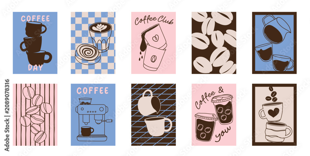 Fototapeta premium Coffee shop poster templates vector set. Retro cafe wall art with coffee cups, beans, latte art, espresso machine, moka pot, takeaway cup and croissant patterns