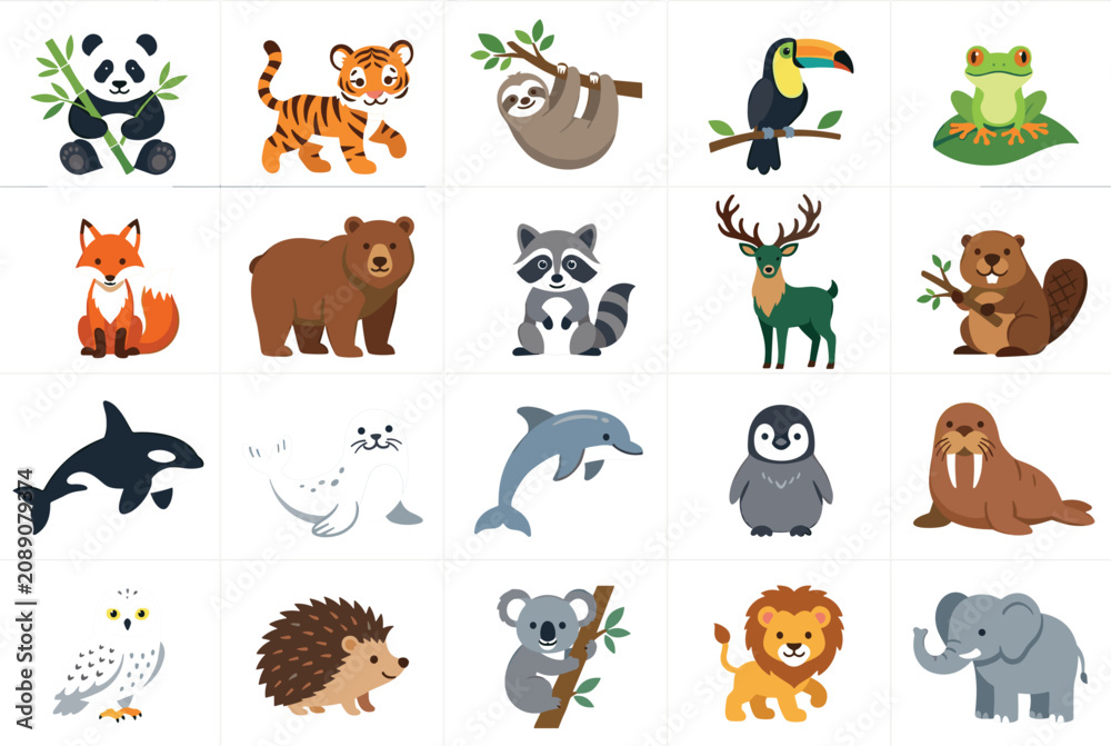 Fototapeta premium Cute Cartoon Wild Animal Icon Mega Set with Jungle Woodland Marine and Arctic Creatures for Kids Educational Materials School Textbooks and Nursery Graphic Designs