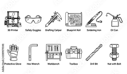 Maker Studio Engineering Line Icons Set Precision DIY Workshop Prototype Vector Elements
