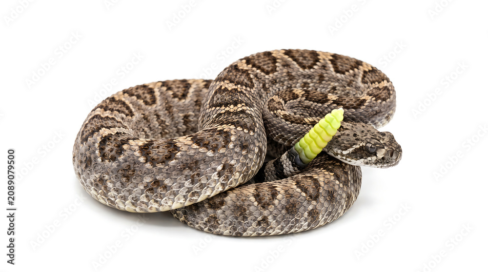 Obraz premium Coiled diamondback rattlesnake with yellow rattle isolated on white