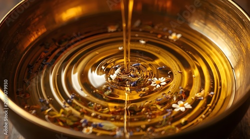 Golden herbal oil pouring into a brass bowl with floating flower petals, luxury spa wellness and aromatherapy background