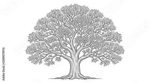 Valokuva Detailed illustration of a majestic, sprawling oak tree with intricate branches and leaves, black and white sketch