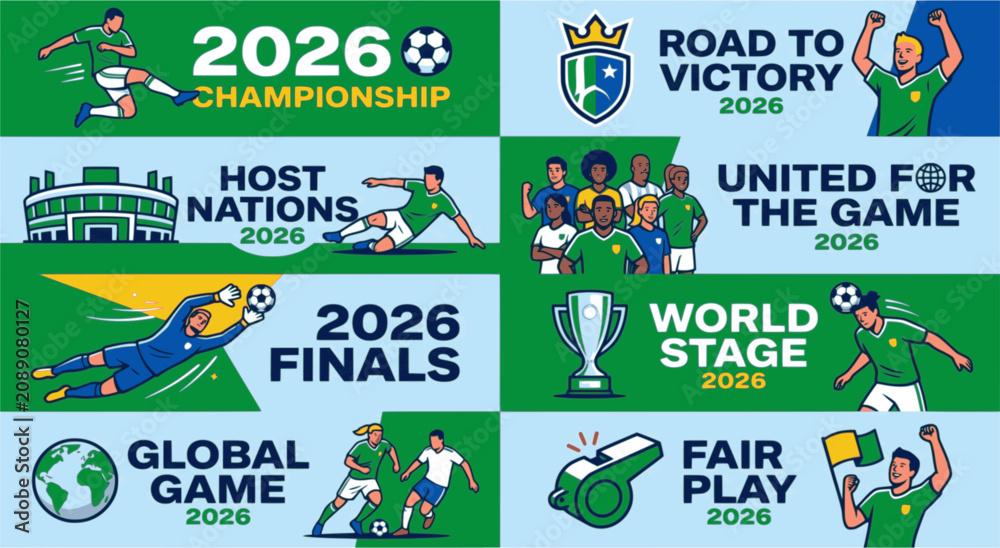 Fototapeta premium 2026 Football Championship Banner Collection | Soccer Tournament Flat Vector Illustration Set