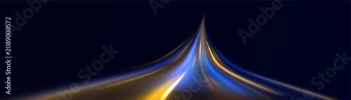 Принти на полотні Dynamic blue and gold light trails moving towards a focal point on dark backgrou