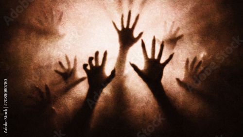 Quadro su tela Halloween spectral hands emerging from smoky darkness during a spooky night with