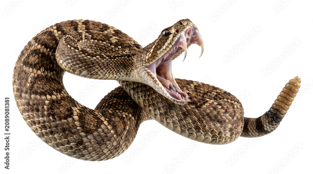 Obraz premium Aggressive Diamondback Rattlesnake Striking Isolated on White