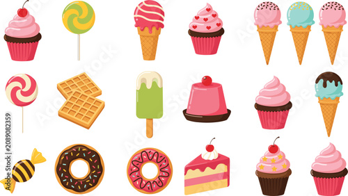 Cuadro en lienzo Cartoon desserts and sweets with cupcakes, donuts, ice cream, and candy illustra