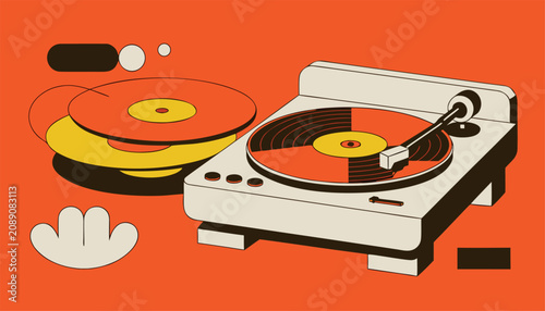 Retro music concept featuring a vintage turntable and vinyl discs.eps