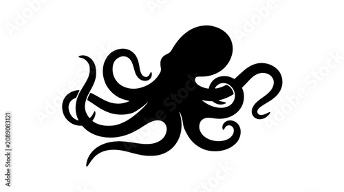 Foto Black octopus silhouette, cephalopod icon, sea creature symbol, ocean animal des