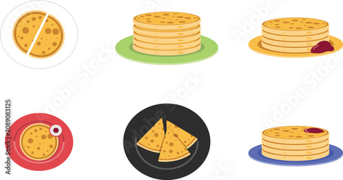 Photos Pancakes and crumpets on colorful plates illustration set