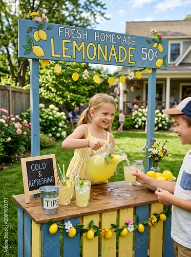 Young girl pouring fresh lemonade at a colorful outdoor stand.
