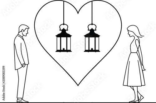Heart icon drawing, romantic line art depicting couple