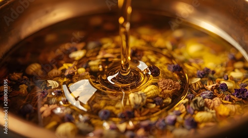 Golden herbal oil pouring into a brass bowl with colorful flowers, luxury spa wellness and aromatherapy background