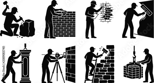 Tableau sur toile Construction workers and bricklayer silhouettes building wall icons set isolated