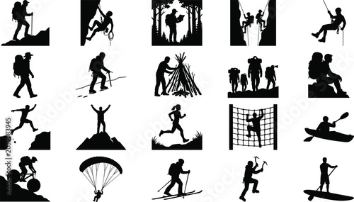 Tableau sur toile Set of extreme outdoor adventure sports and recreational activity black vector s