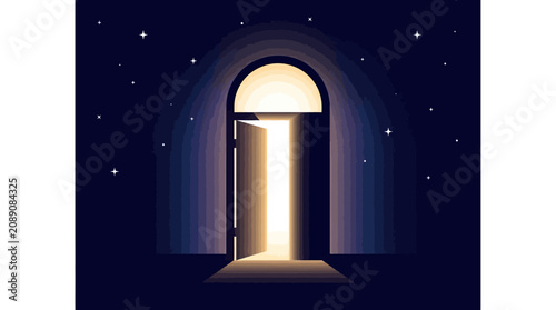 Conceptual Illustration of an Open Arched Door with Glowing Light against a Starry Night Sky Representing Hope and Opportunity