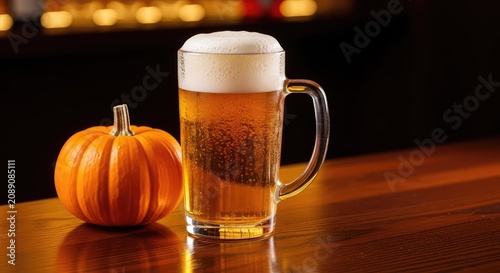 Golden glass of beer with foam sits next to a small orange pumpkin on a dark wooden bar counter, warm festive lighting and copy space, lights, party, pint