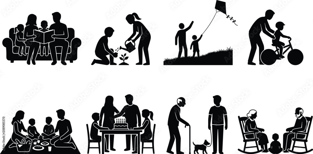 Fototapeta premium Family Lifestyle and Parenting Black Silhouette Collection with Reading Gardening Birthday Care and Outdoor Activities