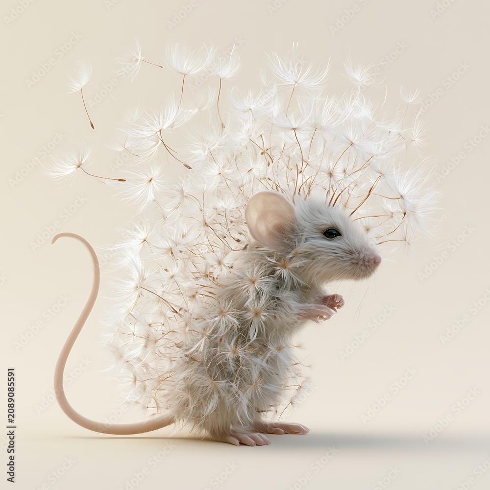 Fototapeta premium A tiny adorable mouse with soft floating dandelion seeds forming its fluffy fur, dreamy surreal fantasy creature
