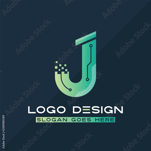Letter J Technology Logo Design, J Circuit Pixel Monogram for Digital Network Software Brand